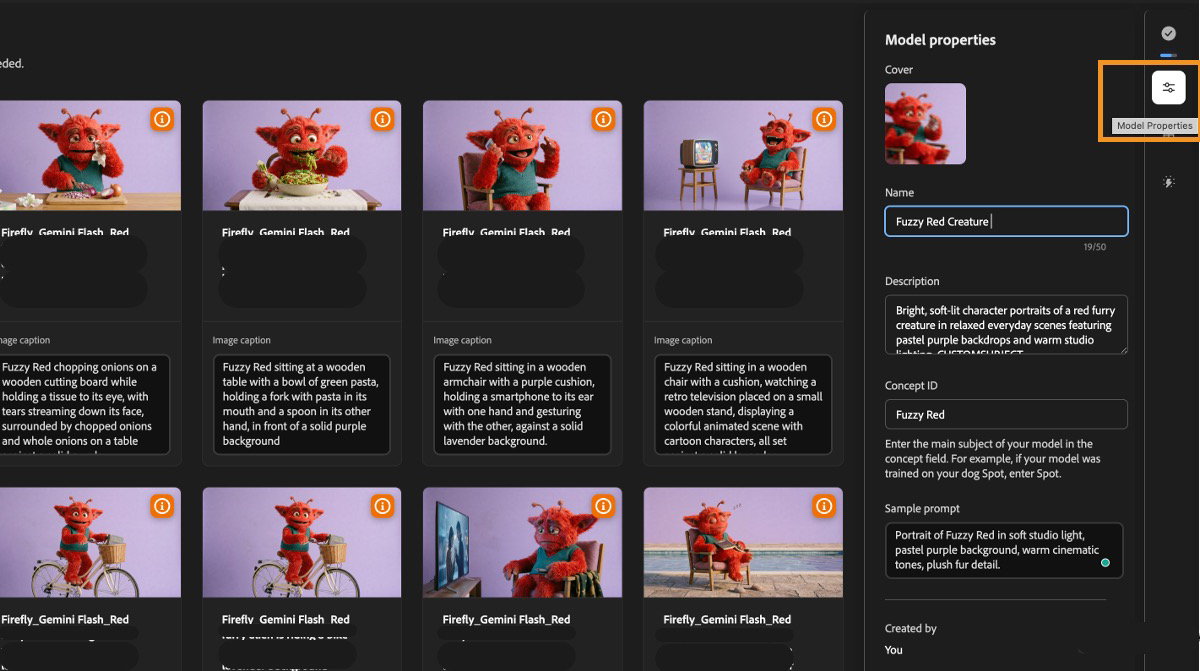 Adobe Firefly custom-model interface showing a recurring red character in training images and editable model properties, concept ID and sample prompt