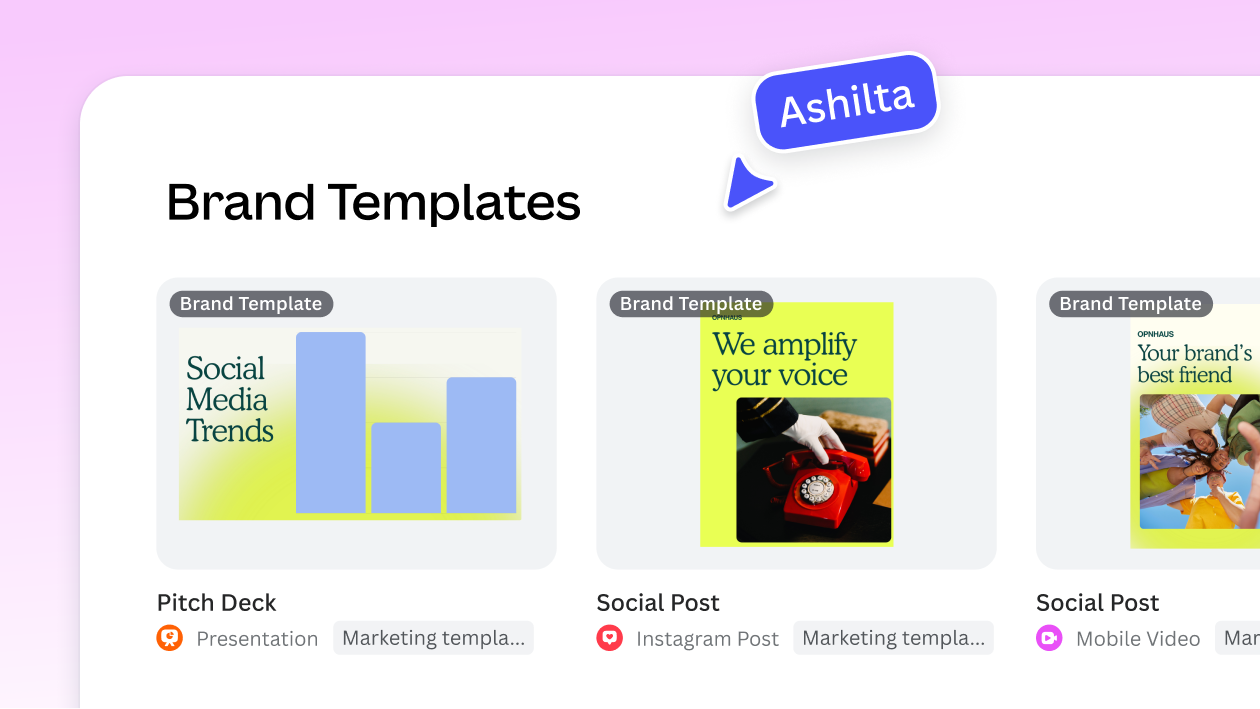 Canva Brand Templates product illustration showing a coordinated pitch deck and social post layouts using shared branding