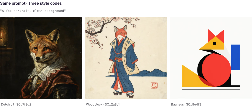 Ideogram’s official examples show the same fox-portrait prompt rendered in Dutch oil painting, woodblock and Bauhaus styles using different style codes