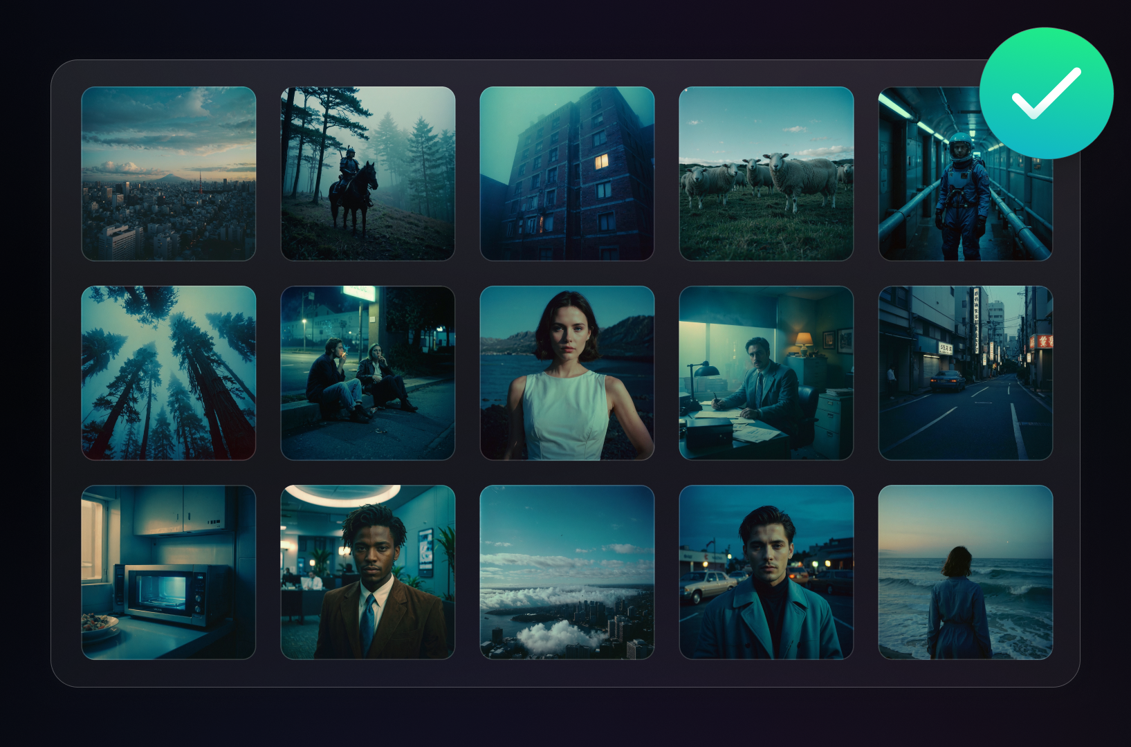 Leonardo.Ai documentation example of diverse subjects sharing a moody teal photographic treatment, presented as a suitable style-training dataset
