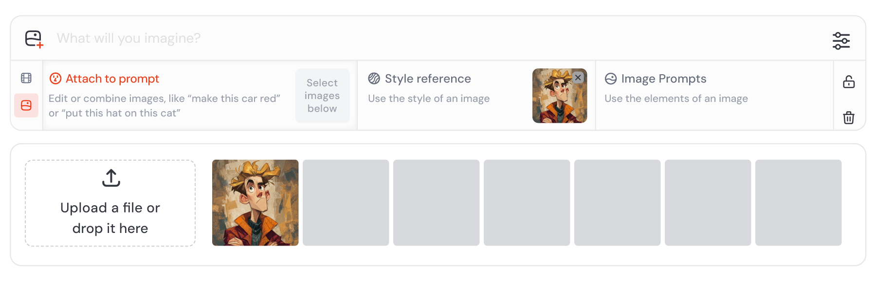 Midjourney Imagine bar showing separate Style Reference and Image Prompts sections with an uploaded illustrated reference
