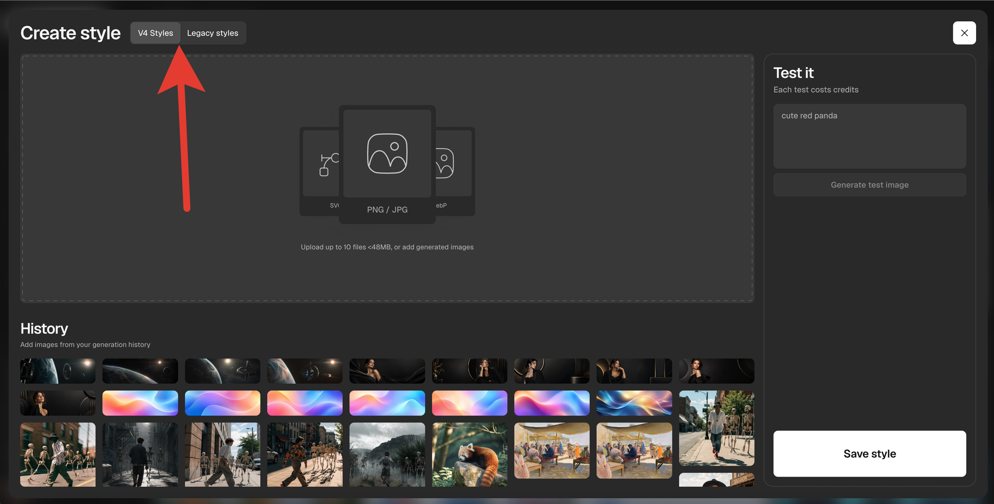 Recraft Create style interface with V4 and Legacy style modes, reference uploads, a test panel, generation history and Save style