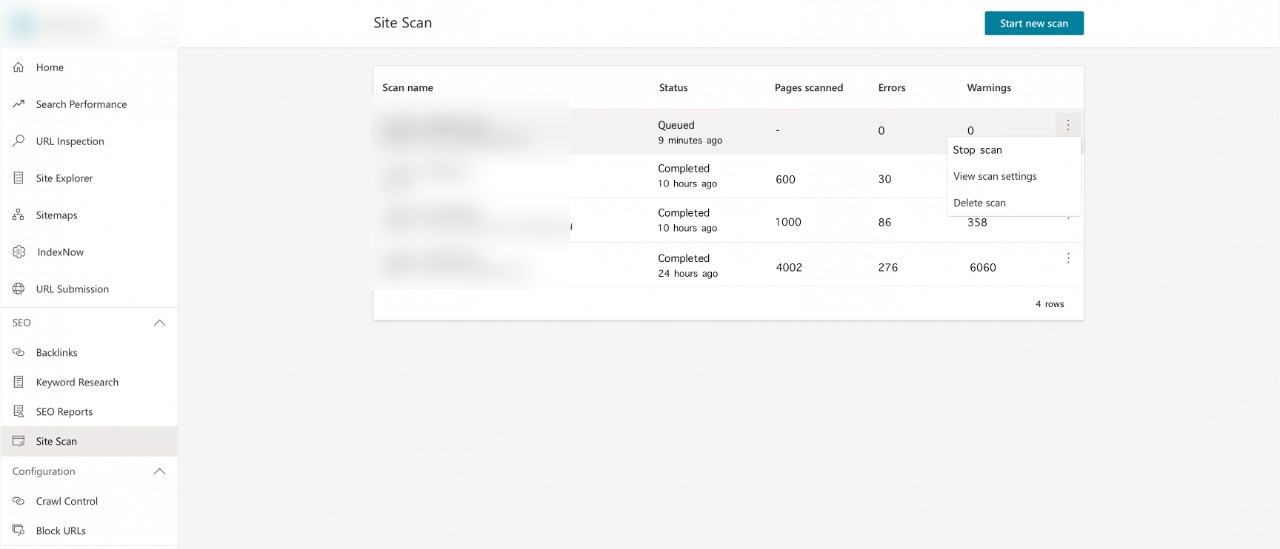 Bing Webmaster Tools Site Scan showing scanned pages, errors, warnings and scan status