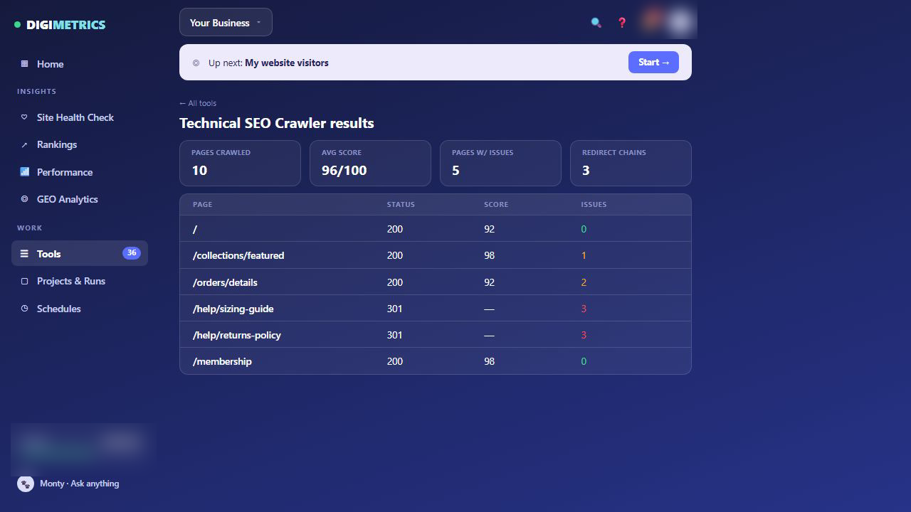 Digimetrics Technical SEO Crawler showing pages crawled, average SEO score, page issues and redirect chains