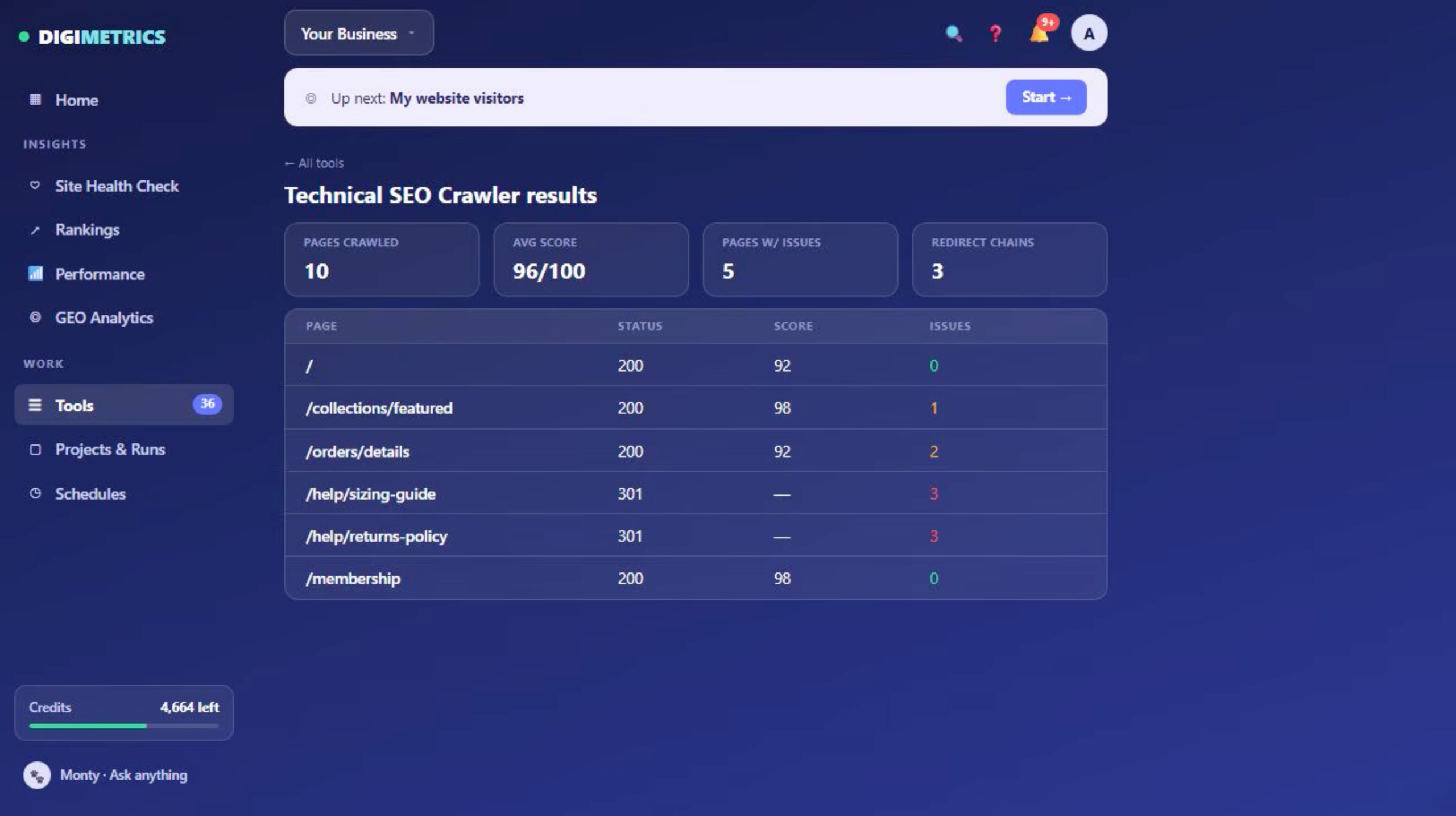 Digimetrics Technical SEO Crawler showing crawl status, SEO score, page issues and redirect chains