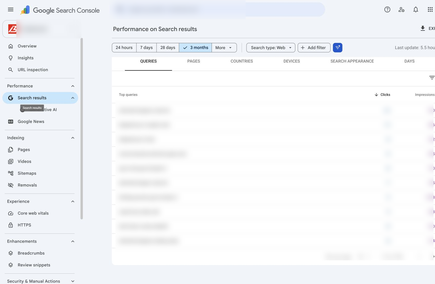 Google Search Console Performance report showing anonymized search queries, clicks and impressions
