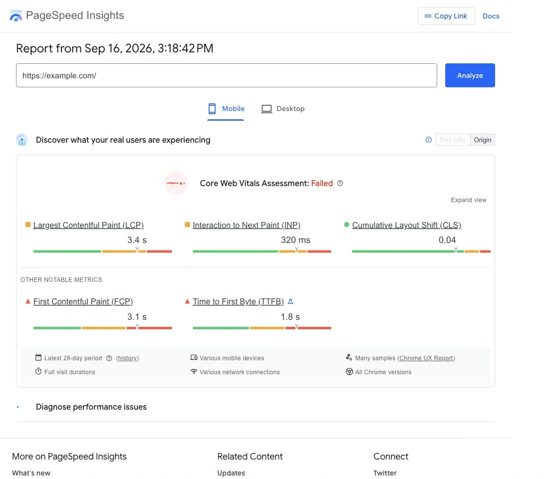 PageSpeed Insights mobile report showing anonymised Core Web Vitals for the example.com demo property