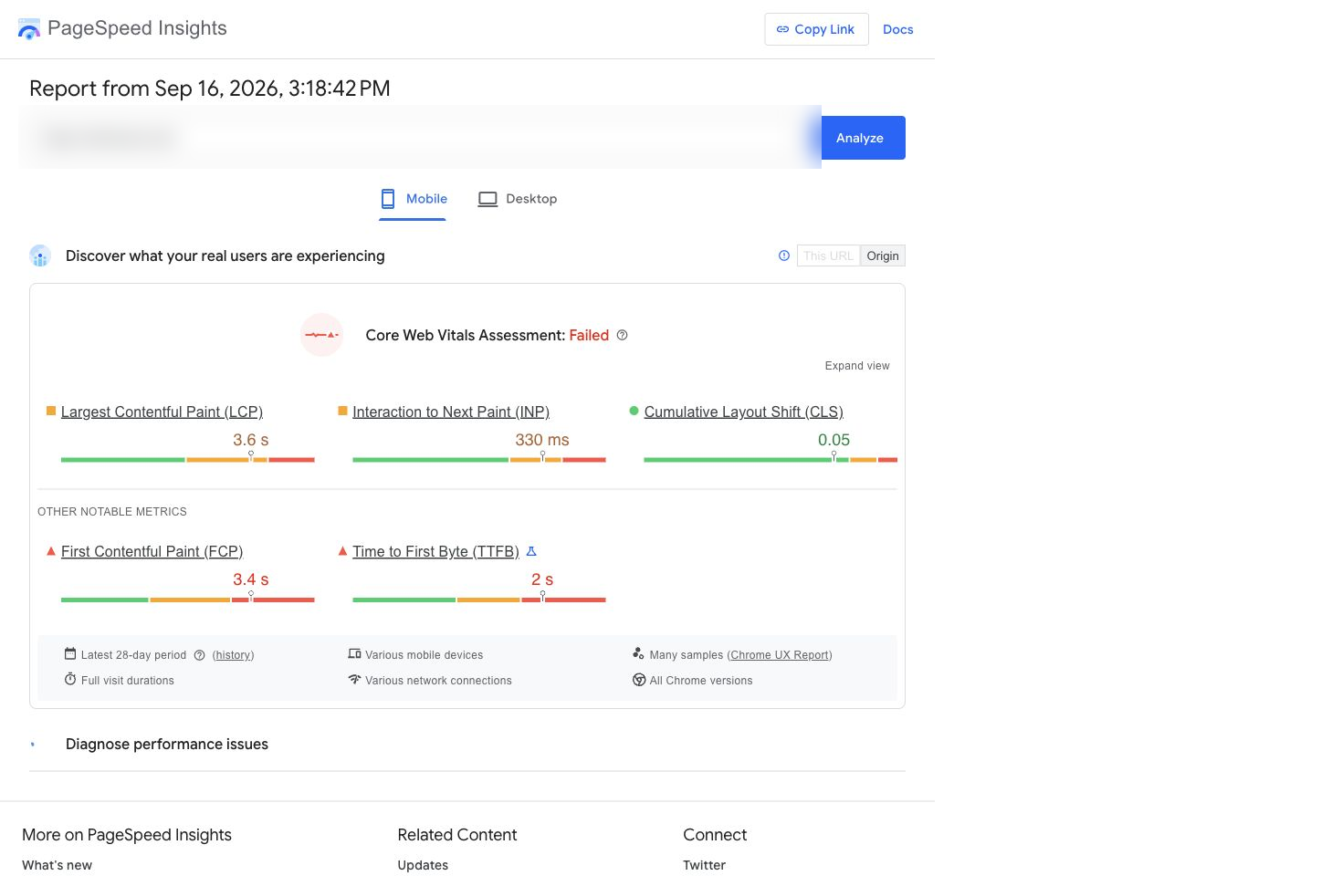 PageSpeed Insights mobile report showing Core Web Vitals including LCP, INP and CLS