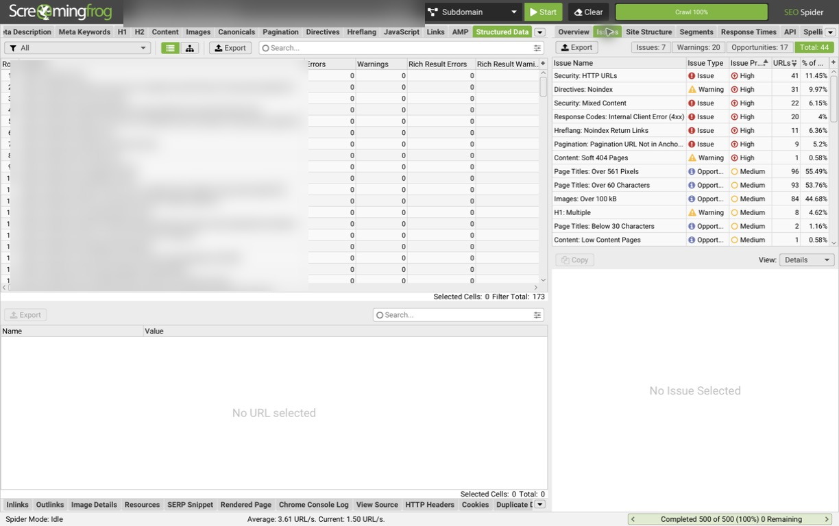 Screaming Frog SEO Spider showing technical SEO issues, affected URLs and issue severity