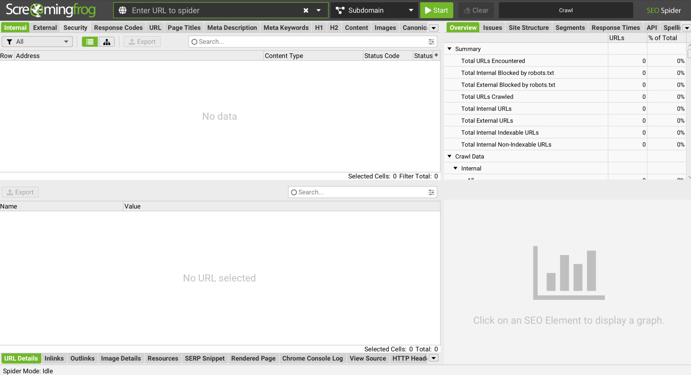 Screaming Frog SEO Spider interface ready to crawl a website and collect technical SEO evidence