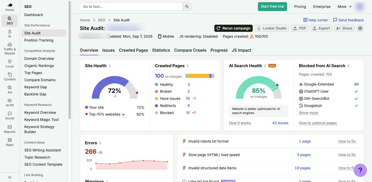 Semrush Site Audit overview showing anonymized site health, crawled pages, AI search health and blocked AI crawlers