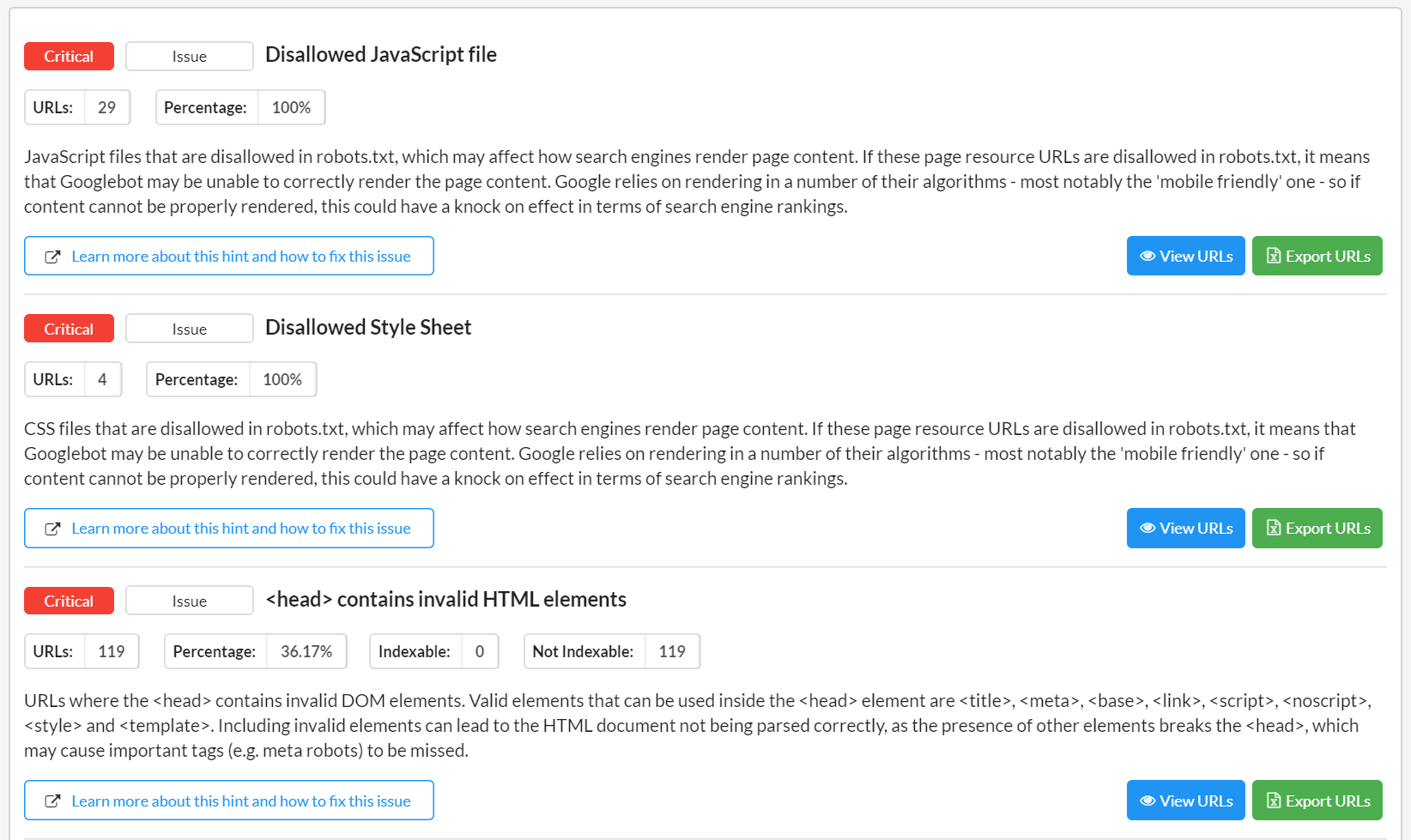 Sitebulb audit showing prioritized critical SEO issues including blocked JavaScript, stylesheets and invalid HTML elements