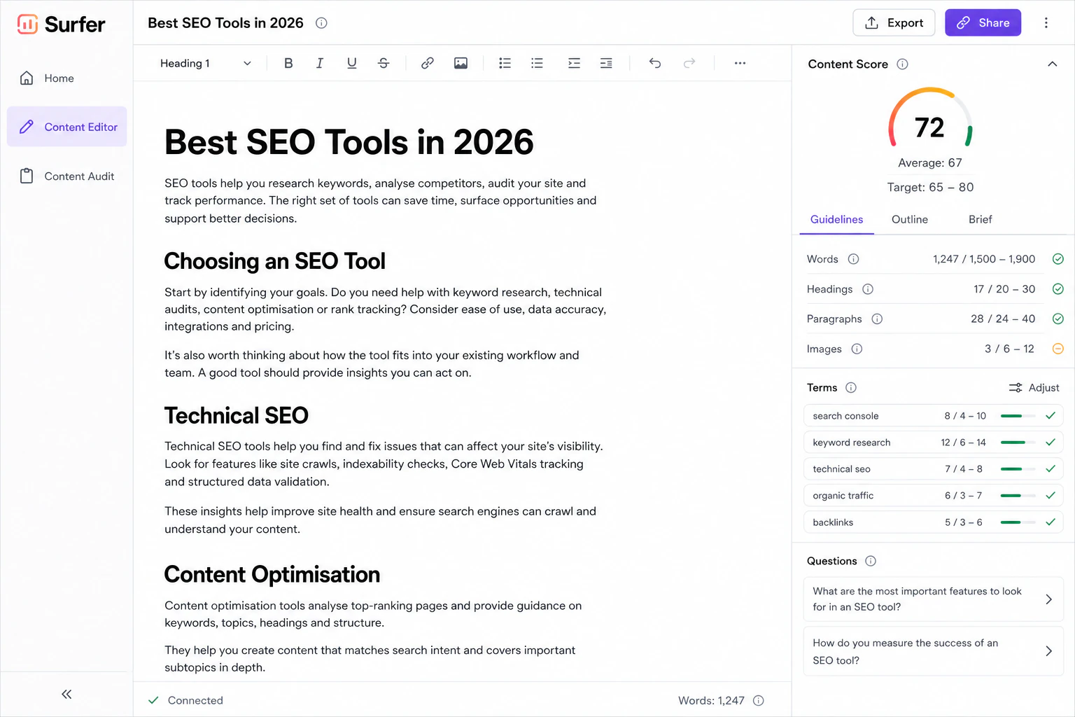 Surfer Content Editor showing an SEO content optimisation score and on-page recommendations for a demo article