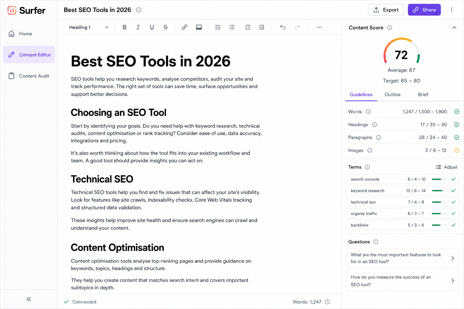 Surfer Content Editor showing SEO content score, optimisation guidelines and recommended terms