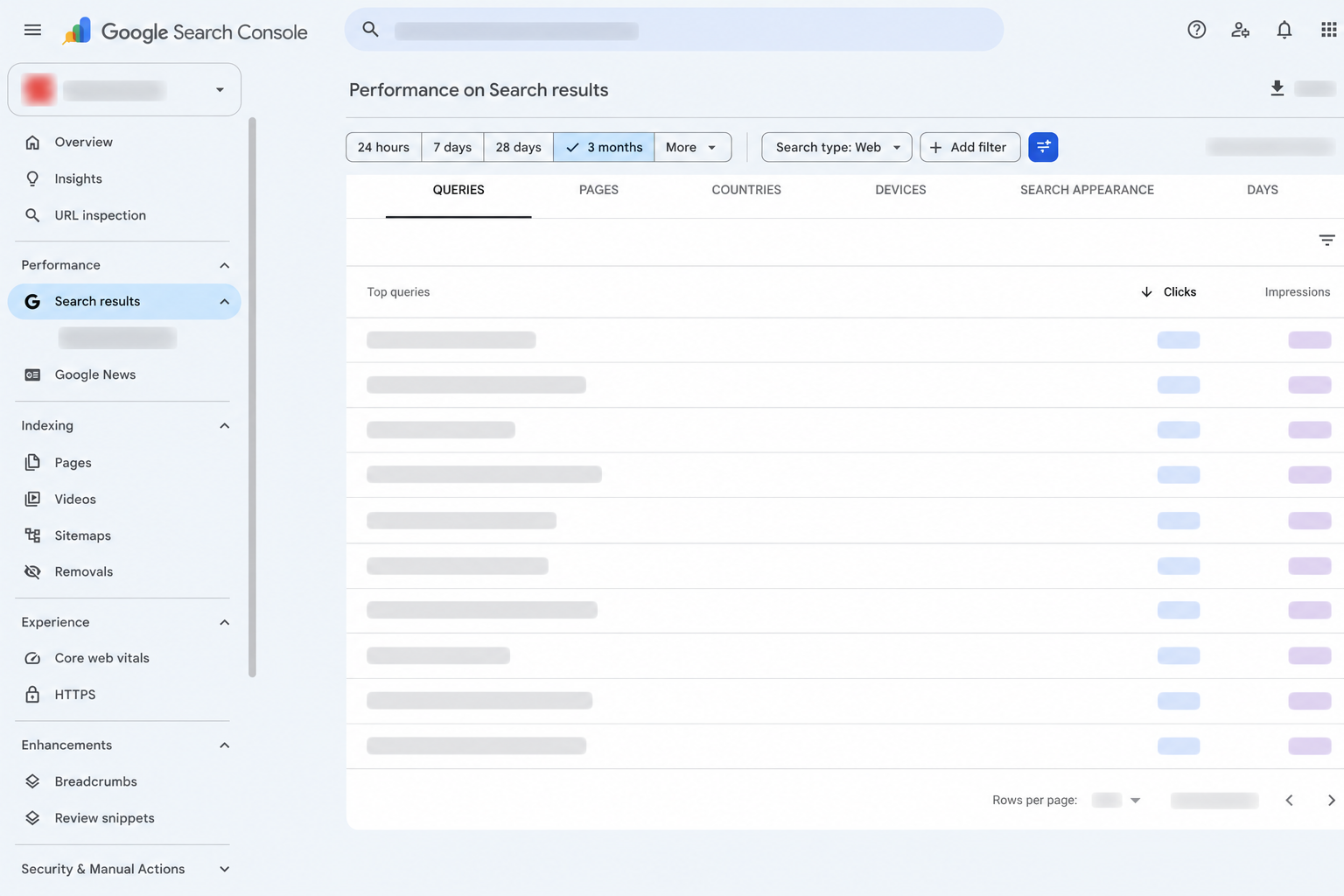 Google Search Console Queries table showing clicks and impressions for search terms
