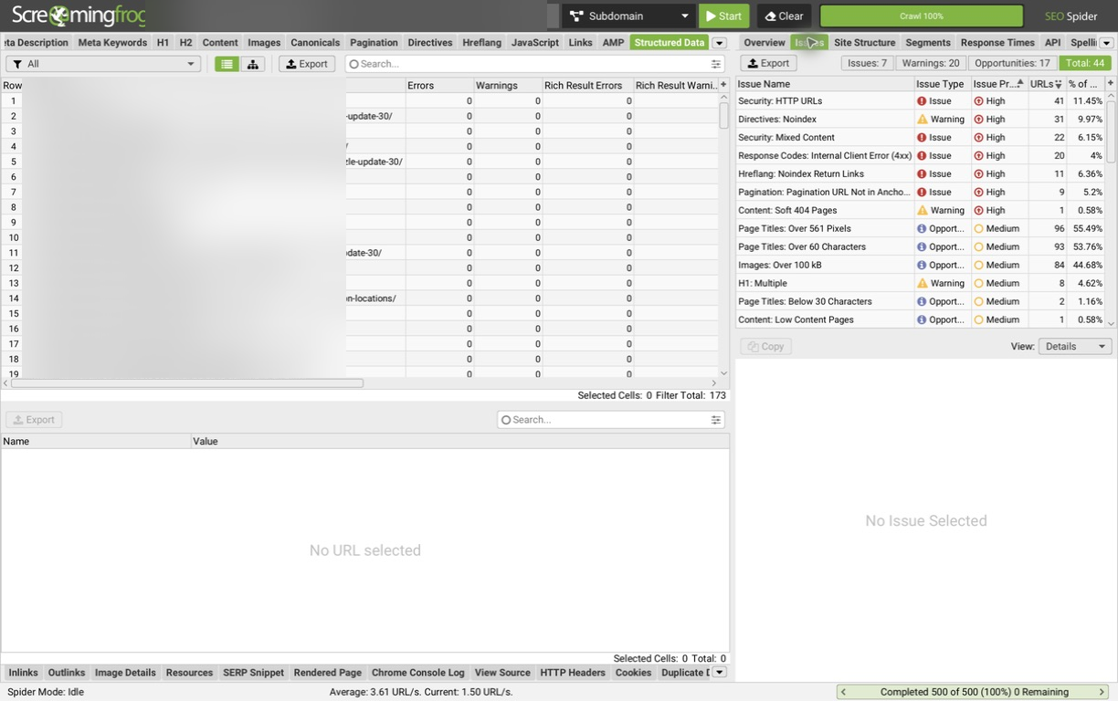 Screaming Frog SEO Spider Issues tab showing technical SEO errors, warnings, opportunities and affected URLs