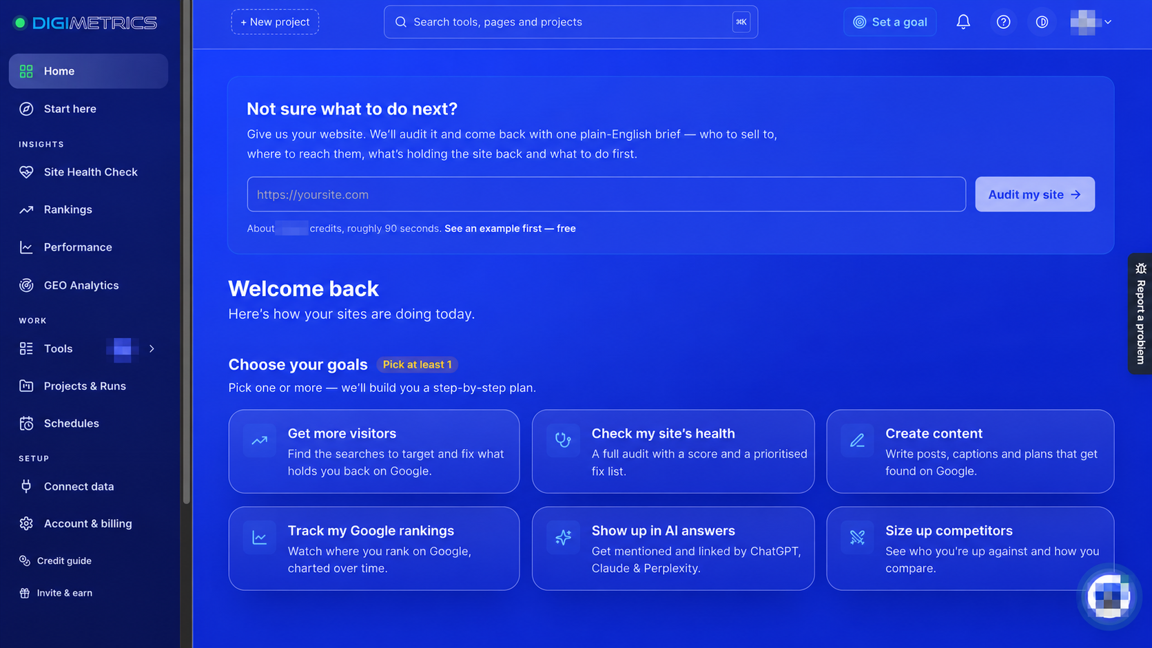 Digimetrics dashboard showing site health, rankings, performance, GEO analytics and SEO and content workflow goals