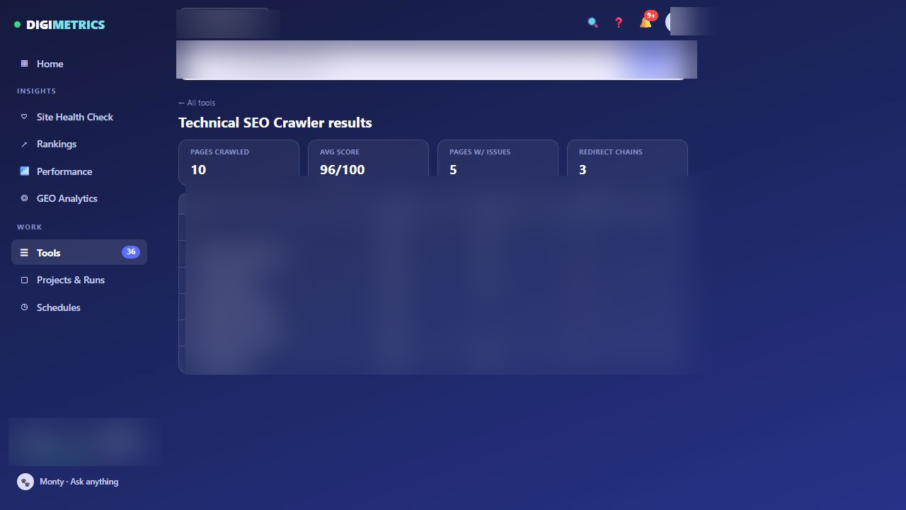 Digimetrics Technical SEO Crawler showing crawled pages, average score, issue counts, status codes and redirect chains