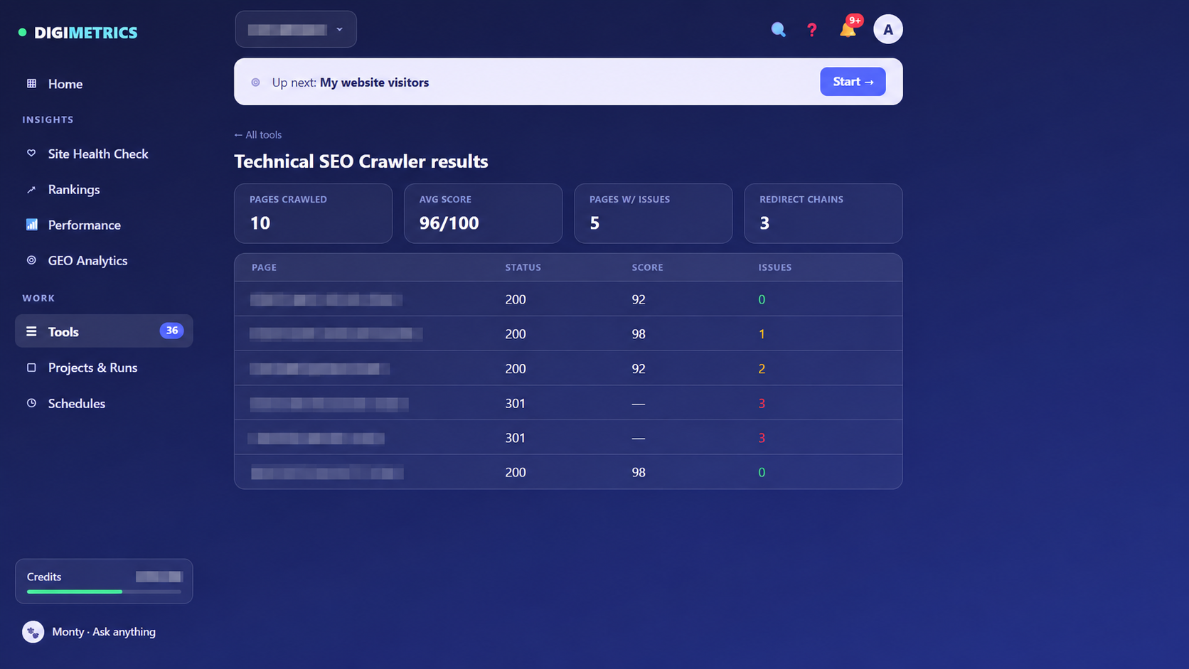 Digimetrics Technical SEO Crawler showing crawled pages, average score, issue counts, status codes and redirect chains