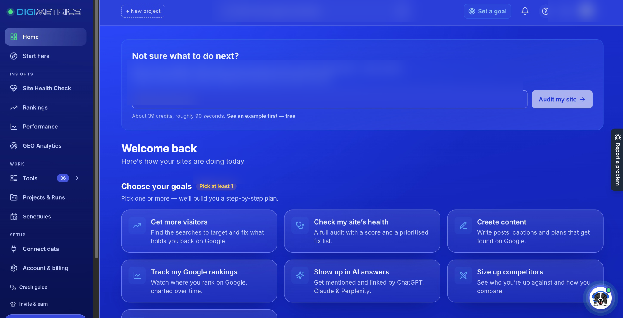 Digimetrics dashboard showing site health, rankings, performance, GEO analytics and guided SEO goals
