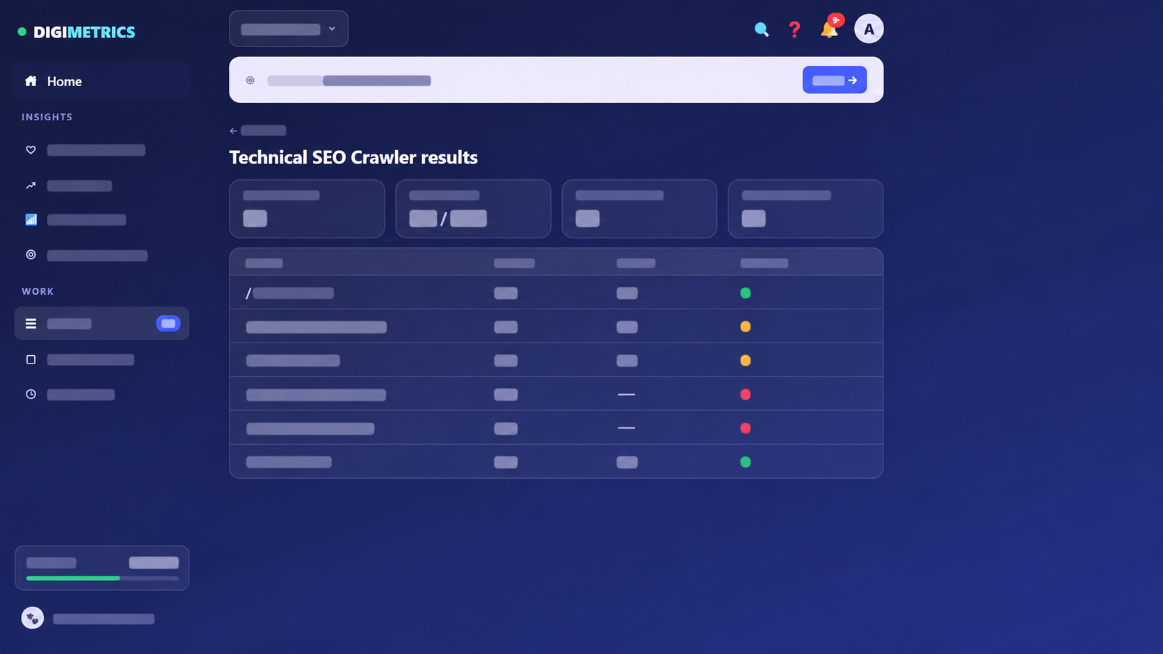 Digimetrics Technical SEO Crawler showing crawled pages, average score, issue counts, status codes and redirect chains