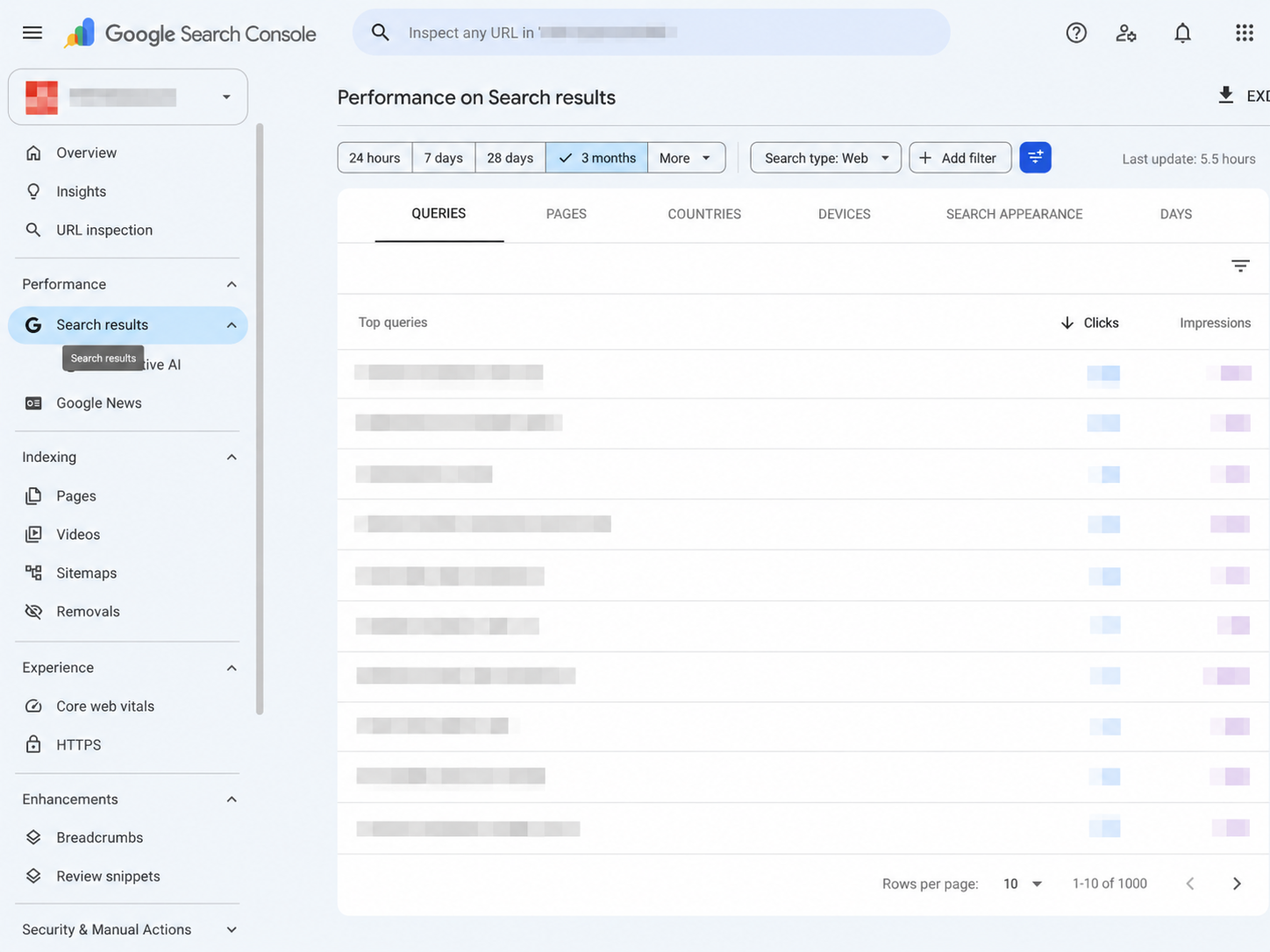 Google Search Console Queries table showing clicks and impressions by search query