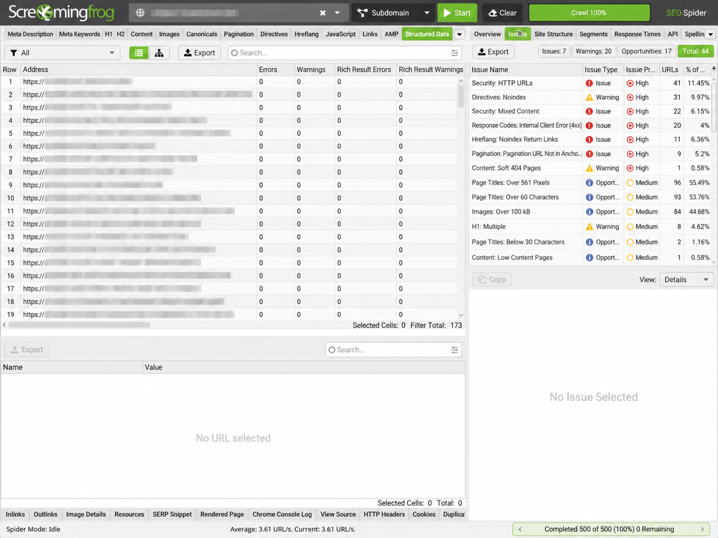 Screaming Frog SEO Spider Issues tab showing technical SEO errors, warnings, opportunities, severity and affected URLs