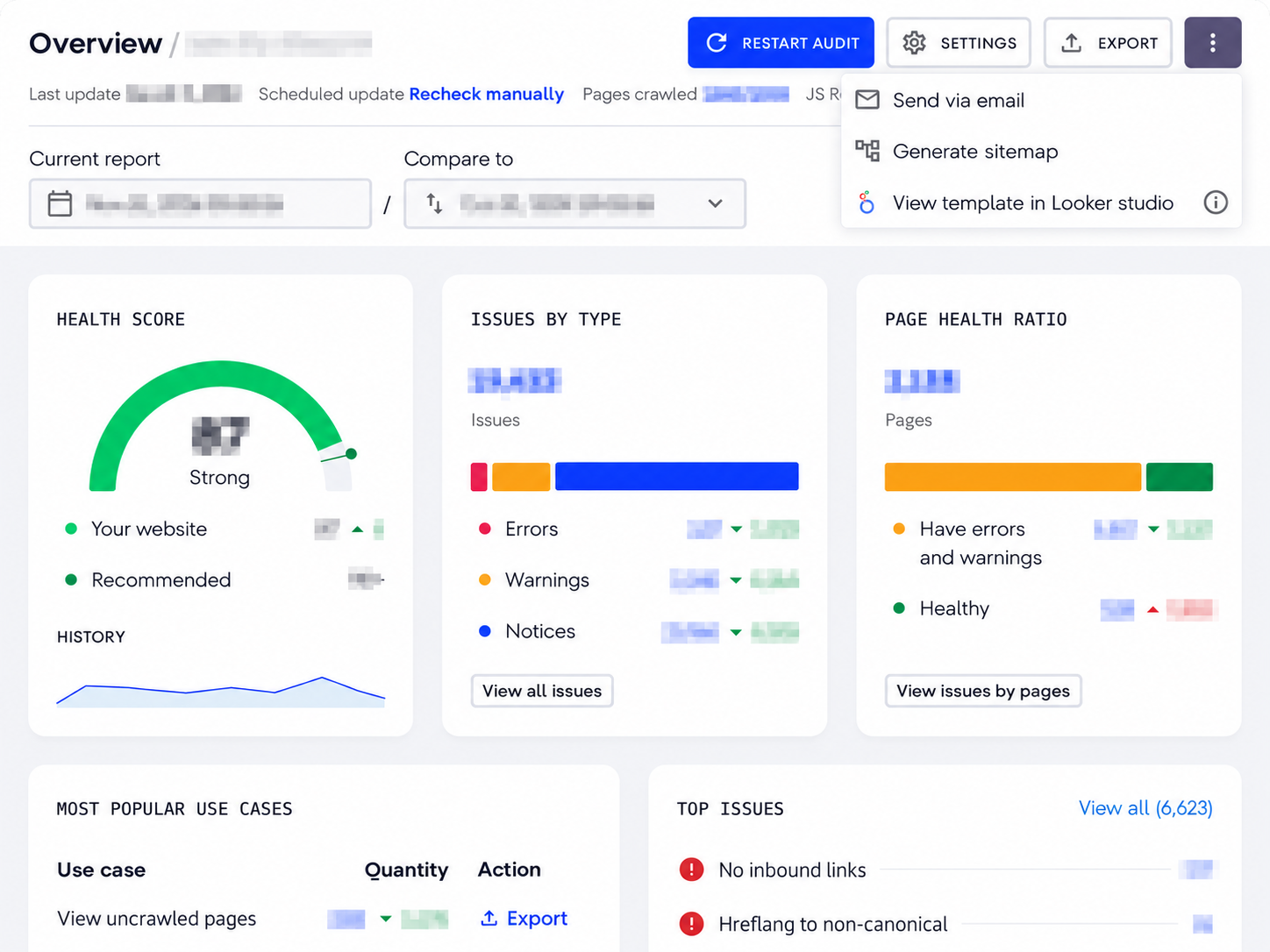 SE Ranking Website Audit showing Health Score, errors, warnings, notices, crawl history and reporting options