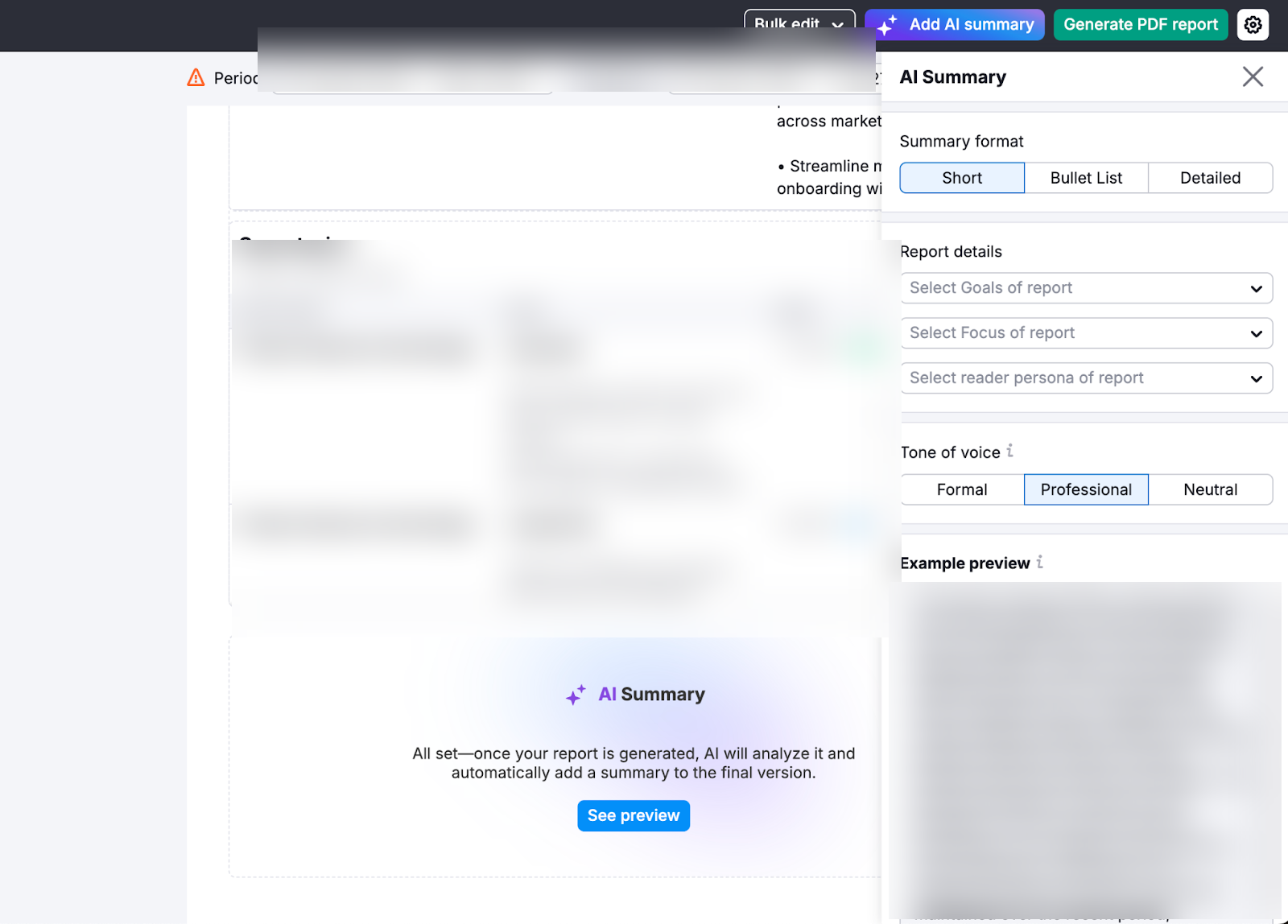 Semrush My Reports builder showing report widgets, AI Summary options and PDF report controls