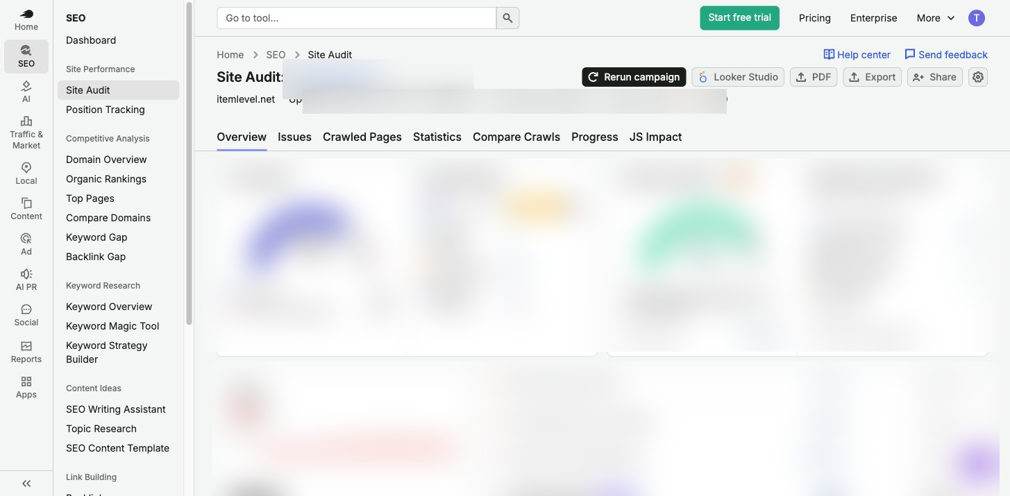 Semrush Site Audit overview showing Site Health, crawled pages, errors, warnings and AI search checks