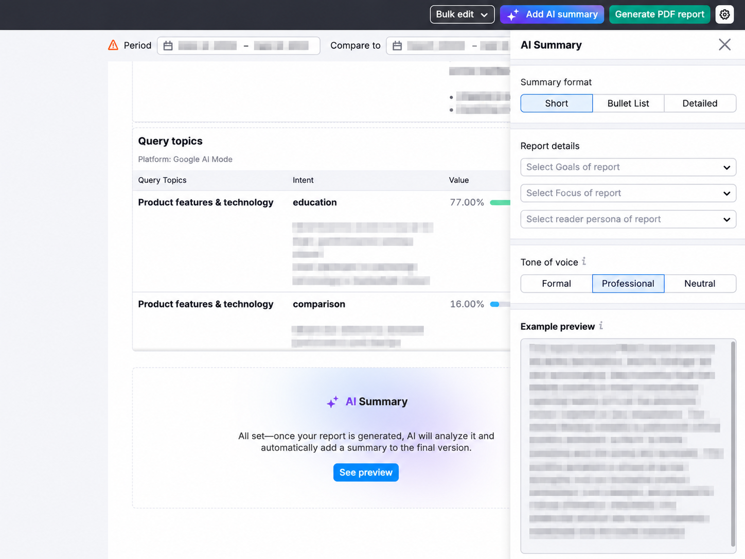 Semrush My Reports builder showing date controls, report widgets, AI Summary options and the Generate PDF report action