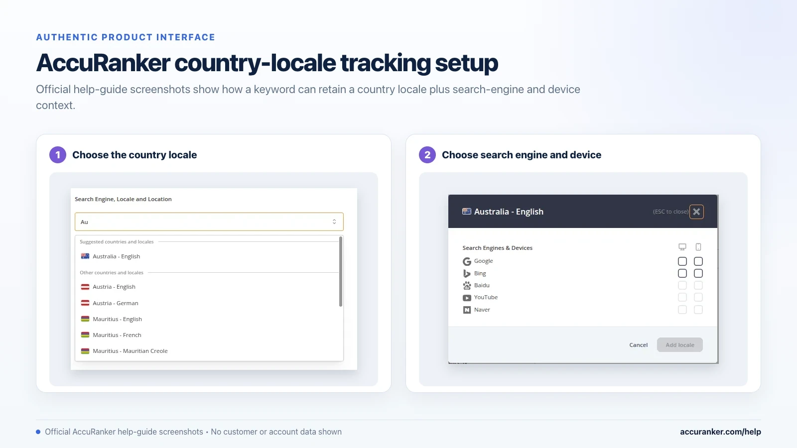 AccuRanker setup screens for selecting a country locale, search engine and device for rank tracking