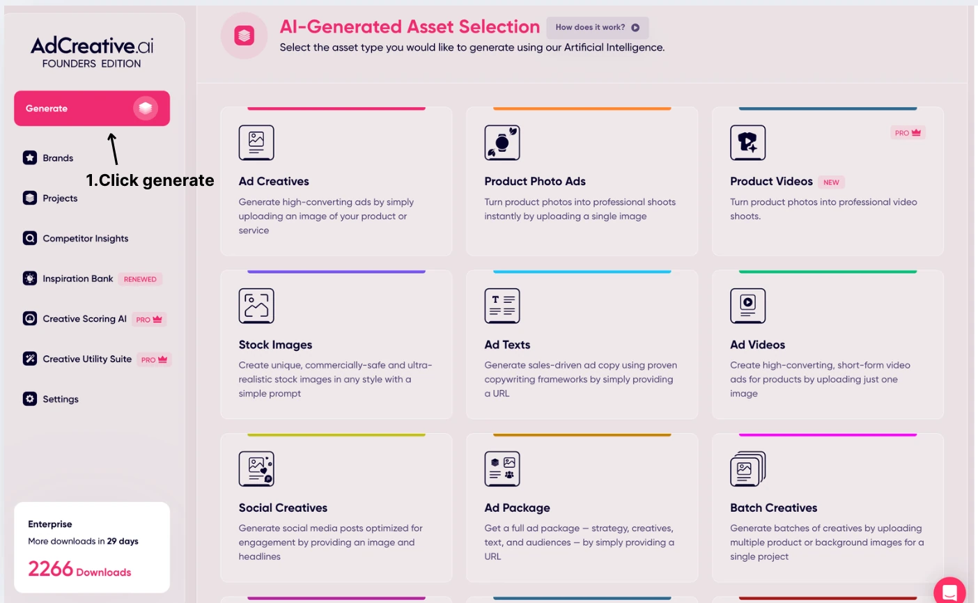 AdCreative.ai interface showing AI-generated asset options for ad creatives, product images, ad text, video and batch production