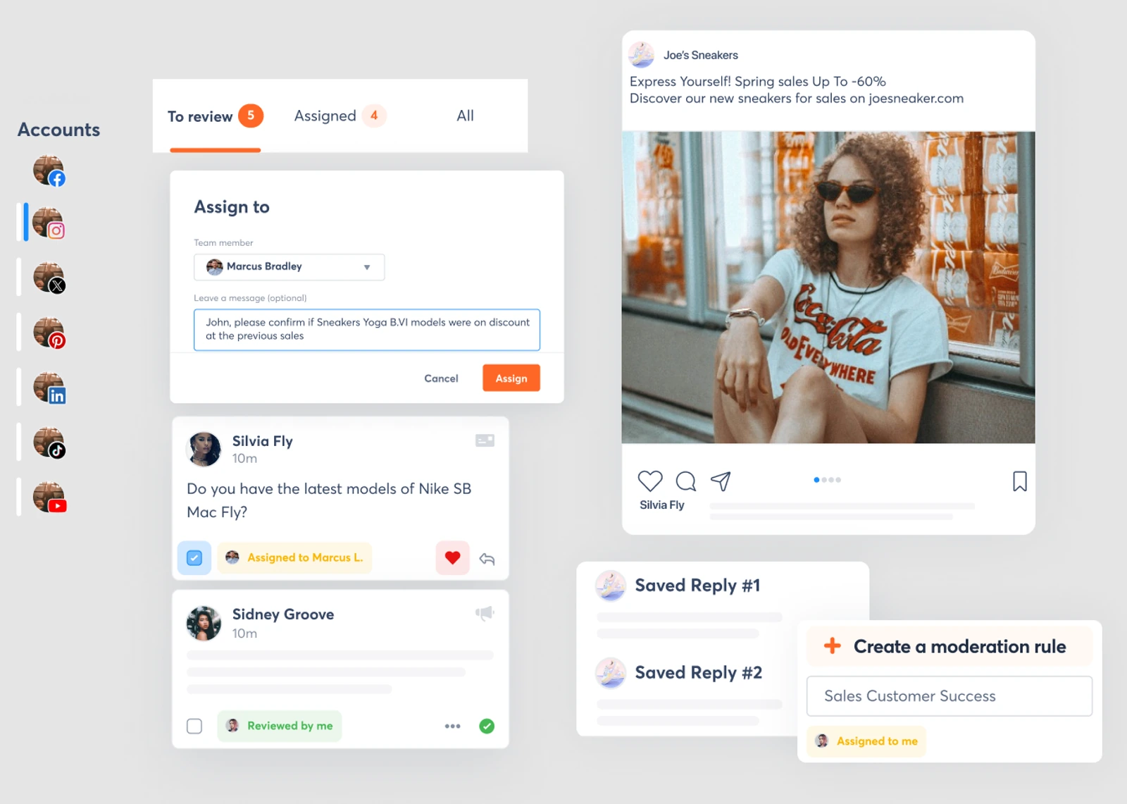Agorapulse social inbox showing conversation assignment, replies and moderation actions