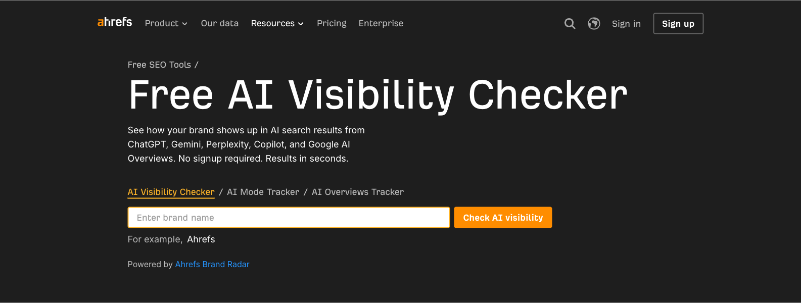 Ahrefs Free AI Visibility Checker with an empty brand-name field, supported-platform description and Check AI visibility button
