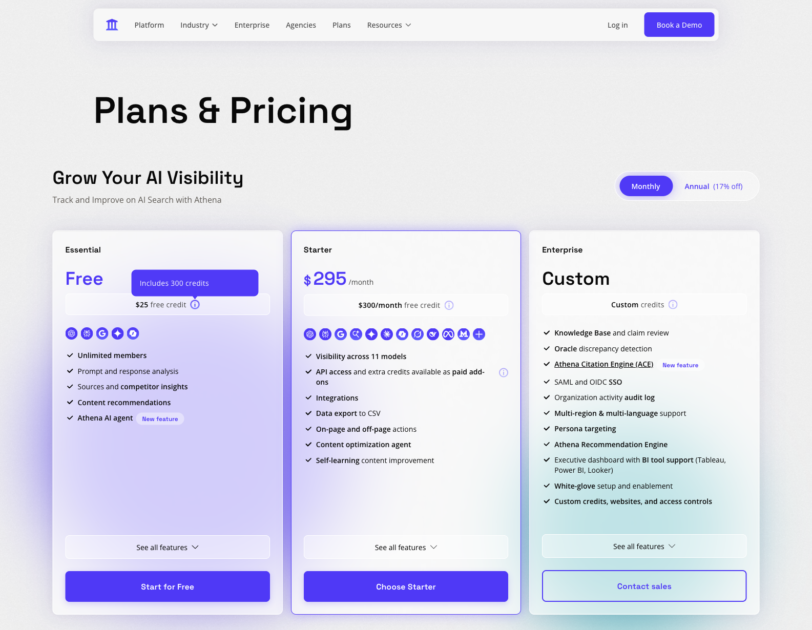 AthenaHQ plans page showing the free Essential option with a native tooltip identifying 300 credits, alongside paid Starter and Enterprise plans