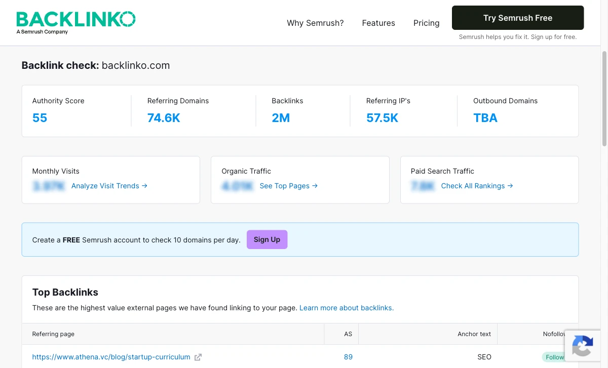 Backlinko Backlink Checker showing Authority Score, referring domains, backlinks and top backlinks for the public backlinko.com domain