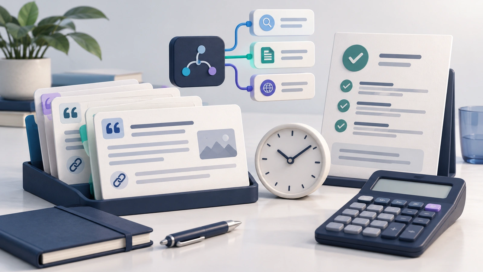 Conceptual illustration of AI search evidence cards, a monitoring module, a clock, a calculator and a completed report representing the cost and value of paid GEO research