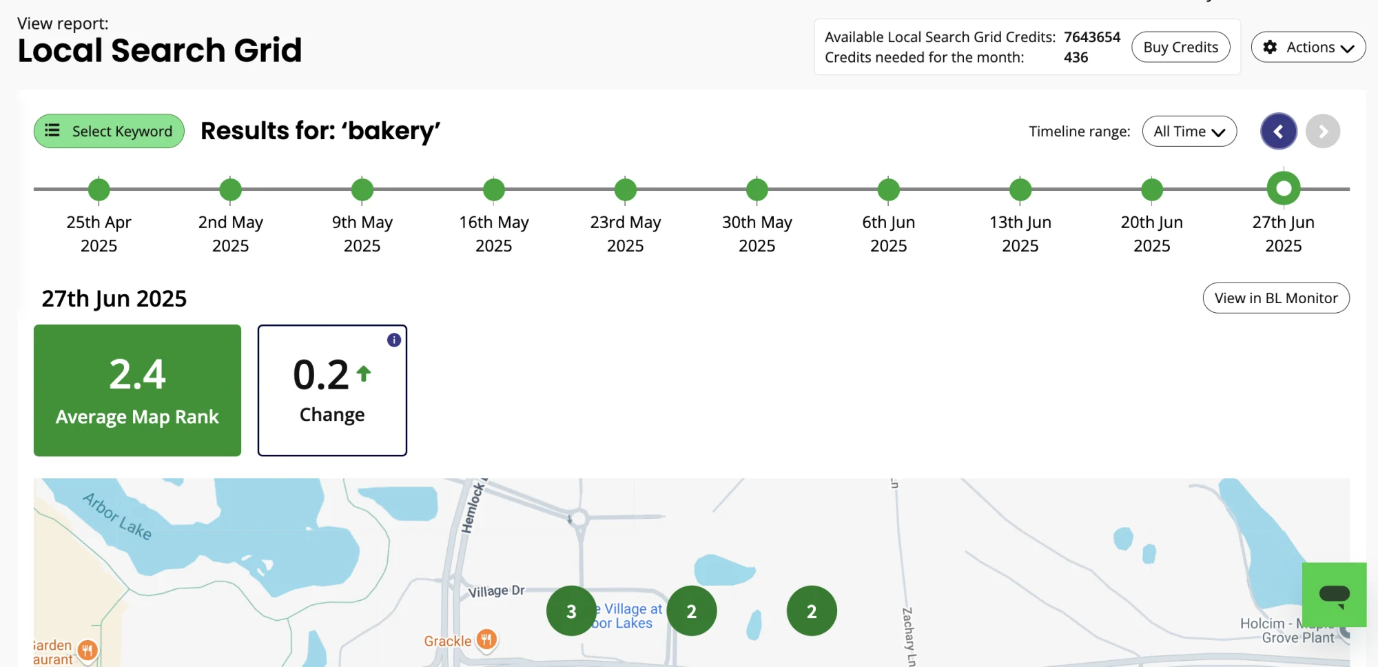 BrightLocal Local Search Grid report showing average map rank, timeline and colour-coded ranking points