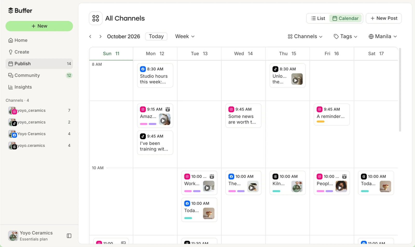 Buffer publishing calendar showing scheduled social media posts across a weekly view