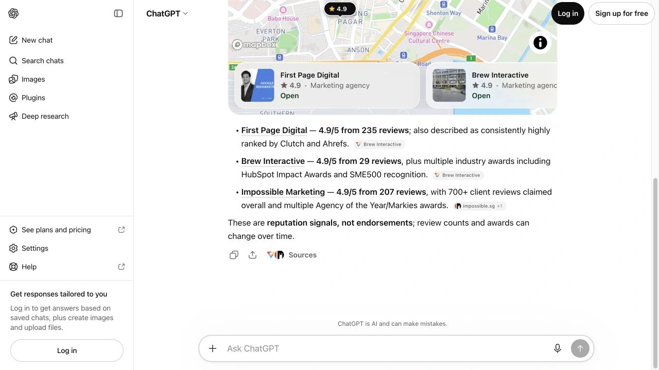 ChatGPT interface showing source-backed local business research with map results and cited recommendations