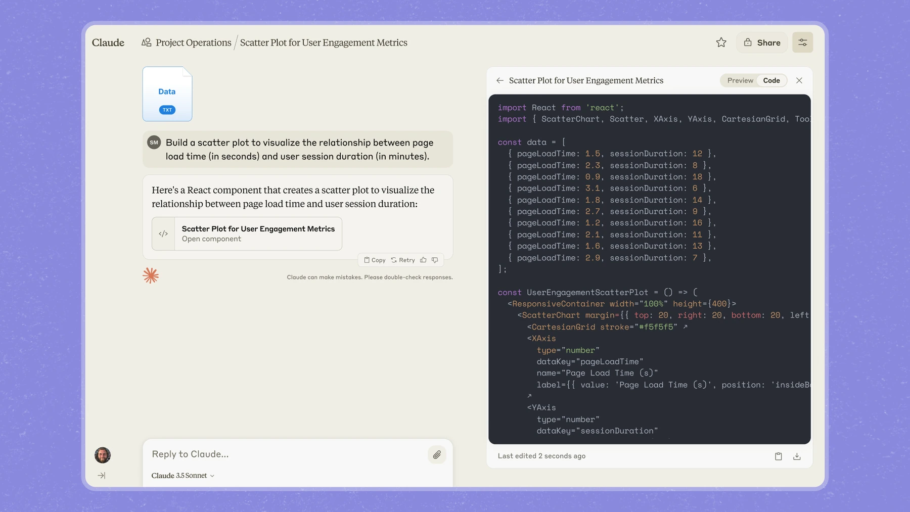 Claude Projects and Artifacts interface displaying a user-engagement analysis and editable data visualisation component