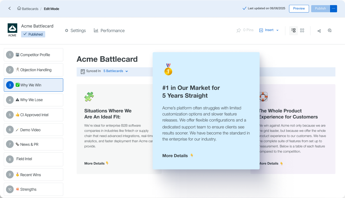 Crayon Acme demo battlecard with competitor profile, objection handling, win-loss topics and sales enablement content
