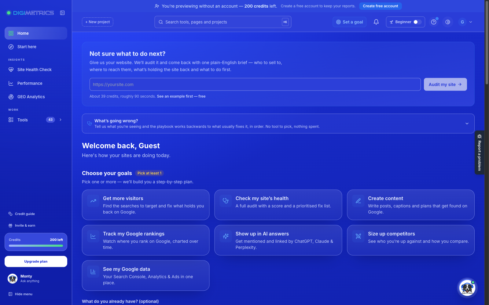 Digimetrics guest workspace with guided goals for site health, content, rankings, AI visibility and competitor research