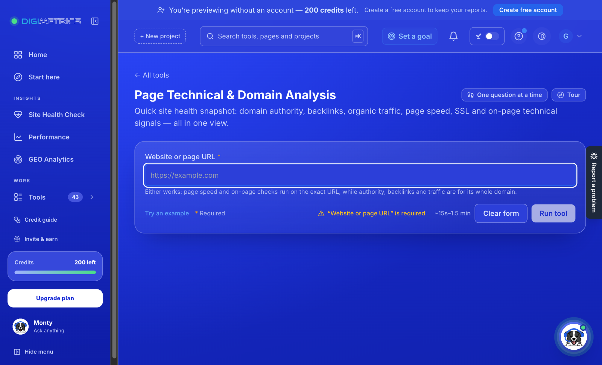 Digimetrics Page Technical and Domain Analysis setup describing authority, backlinks, traffic, speed and technical checks