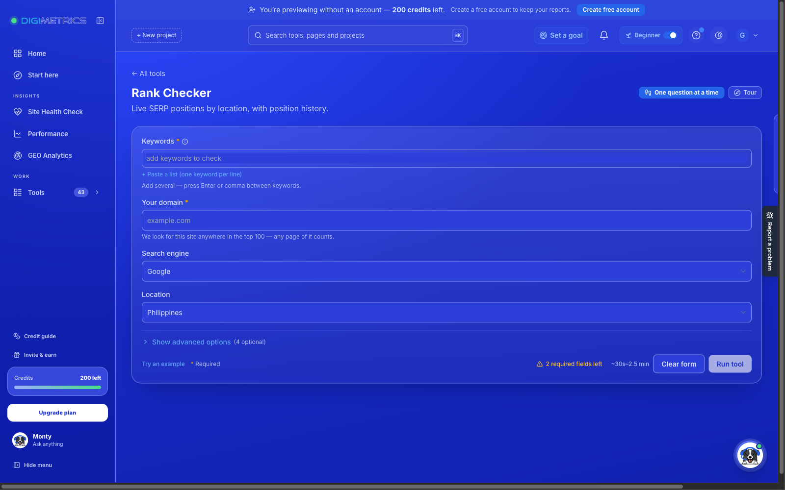 Digimetrics Rank Checker setup with keyword, domain, search engine and location fields in an anonymous preview