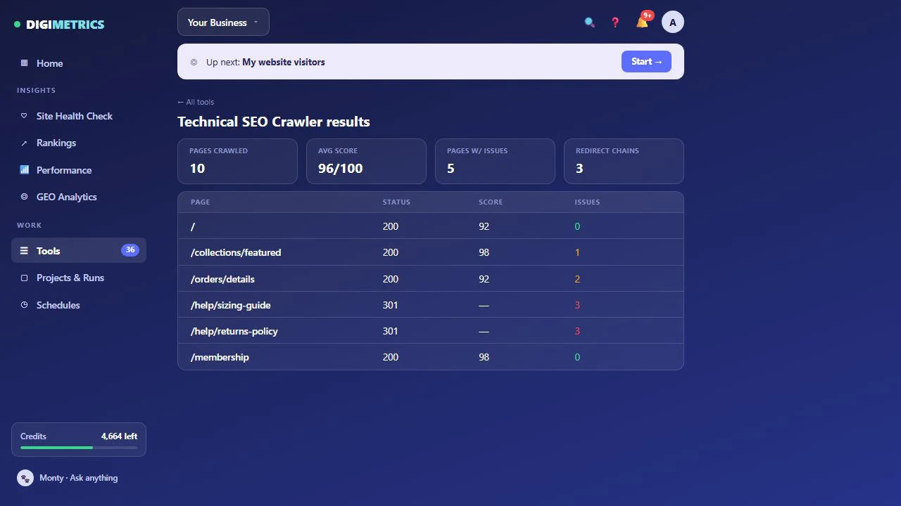 Digimetrics Technical SEO Crawler showing pages crawled, average score, issue counts, status codes and redirect chains