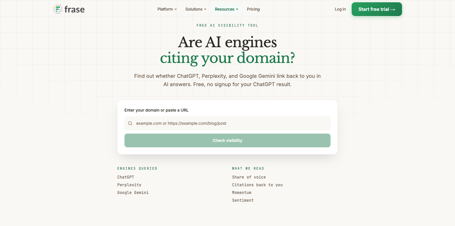 Frase free AI Visibility Checker with an empty domain field and references to ChatGPT, Perplexity and Google Gemini