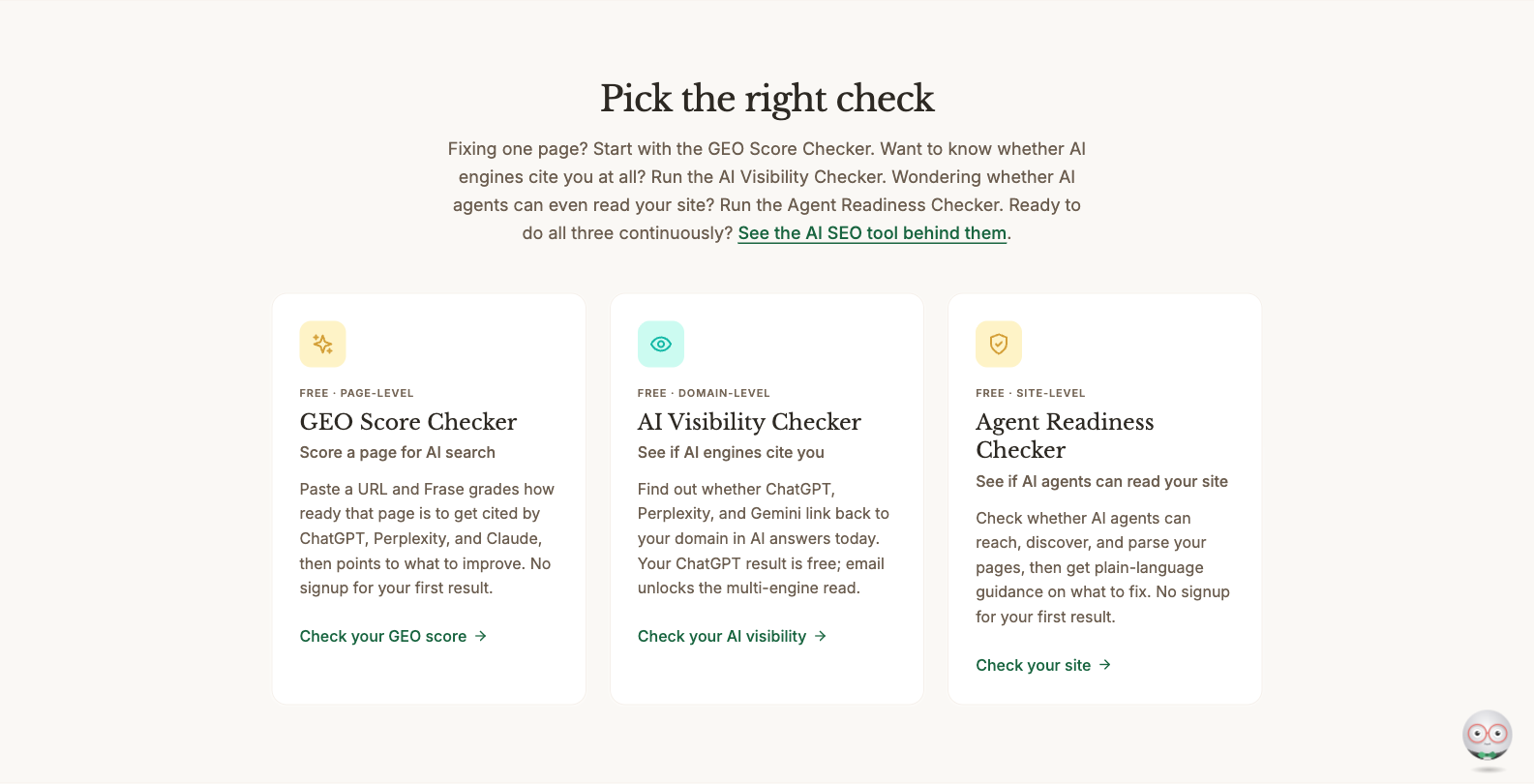 Frase’s free tools page comparing the GEO Score Checker, AI Visibility Checker and Agent Readiness Checker