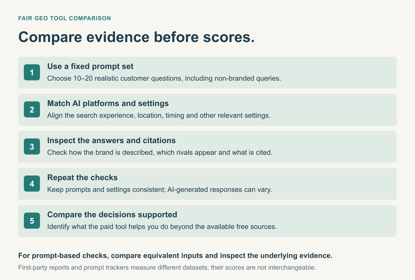Five steps for comparing GEO tools: fix the prompts, match AI platforms and settings, inspect answers and citations, repeat checks and compare the decisions supported